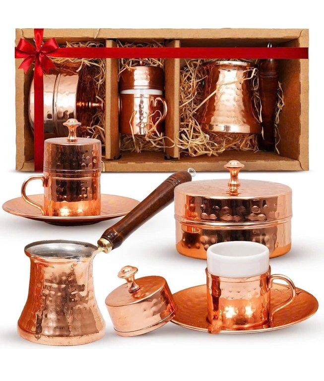 Turkish Coffee Maker Set w/ 2 Cups, Sugar Dish, Copper Pot (Cezve)-12oz 2