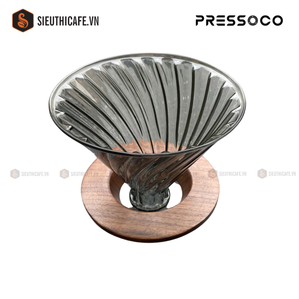 Pressoco Dripper Obsidian V60 Smoke Glass, Walnut stand -2-4 cups 11